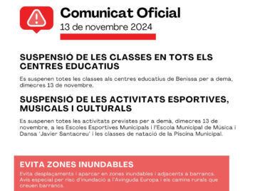 Suspeses les classes demà 13 de novembre als centres educatius de Benissa